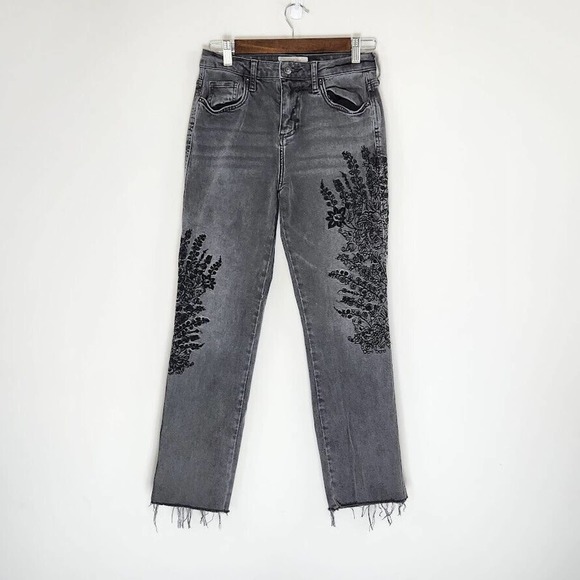 We The Free Denim - We The Free Girlfriend Jeans Embroidered Floral Cut Off Hem Cotton Blend Size 26